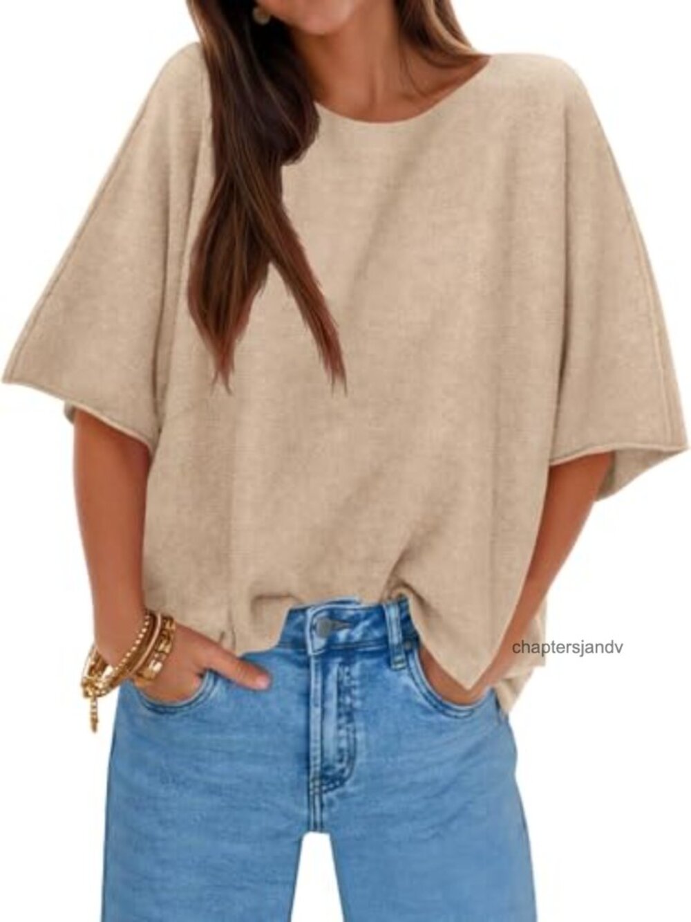 Oversized Half Sleeve Knit Pullover Sweater Boat Neck Casual